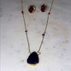 Smooth Garnet Stone Necklace with Druzy garnet earrings